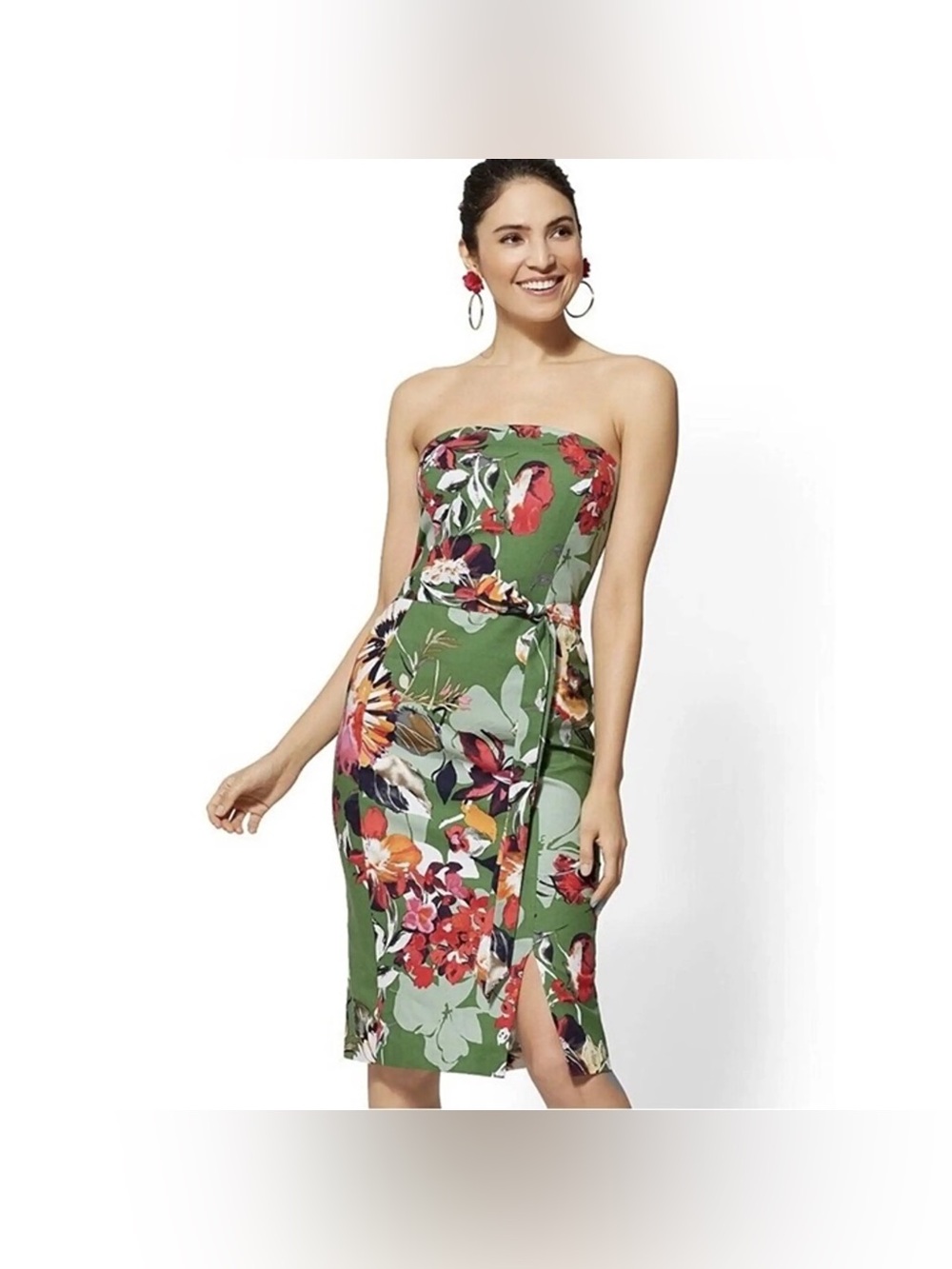 New York & Company- Green Floral Strapless Sheath Dress Size 16